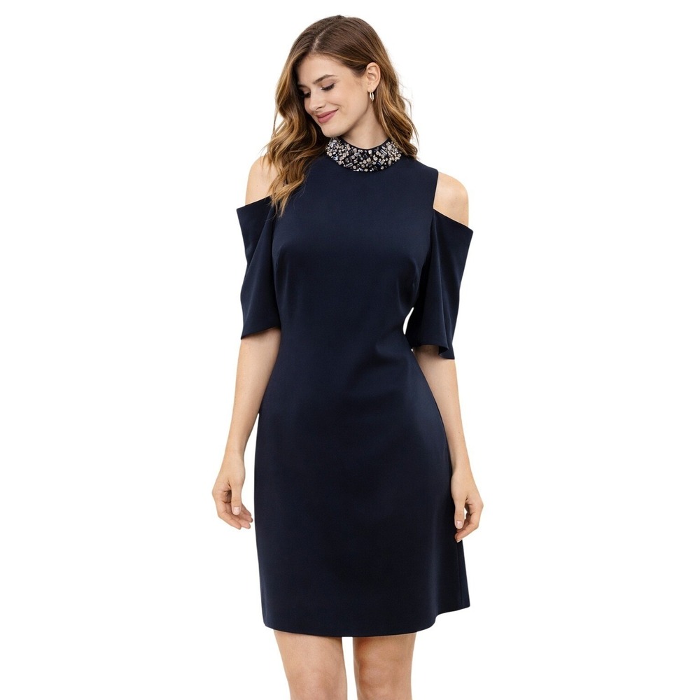 Eliza‎ J Cold Shoulder Embellished Neck Sheath Dress Womens Size 2P Navy Blue
